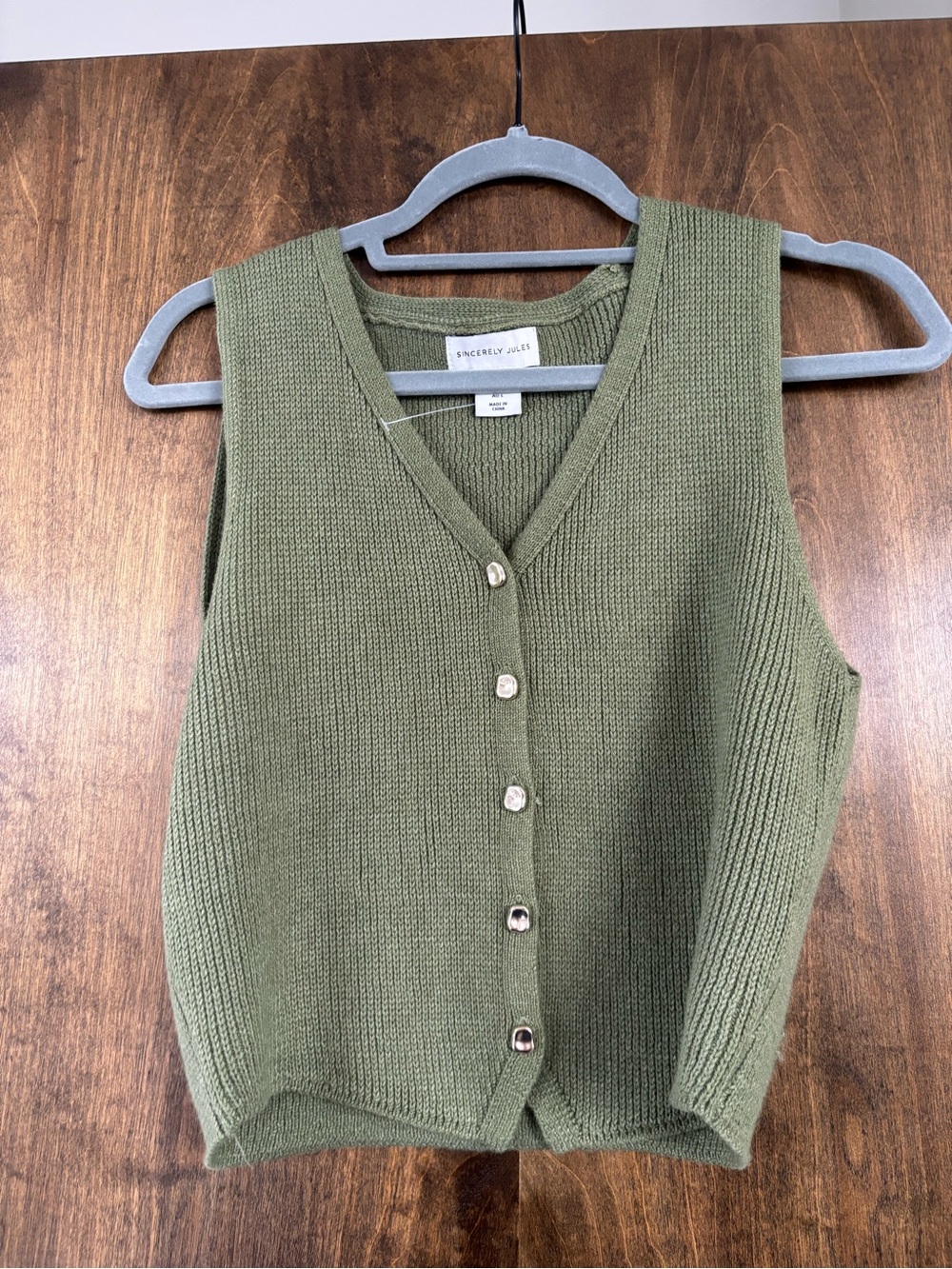 Sincerly Jules Olive Knit V-Neck Button Front Vest